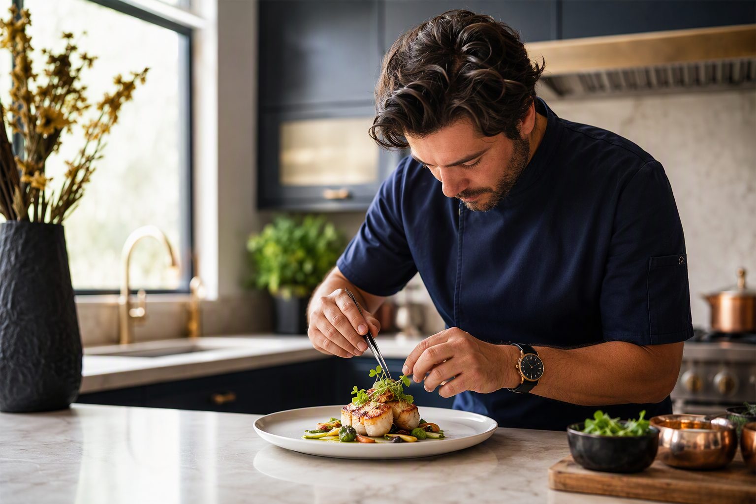Chef privado emplatando un plato en una cocina de hogar